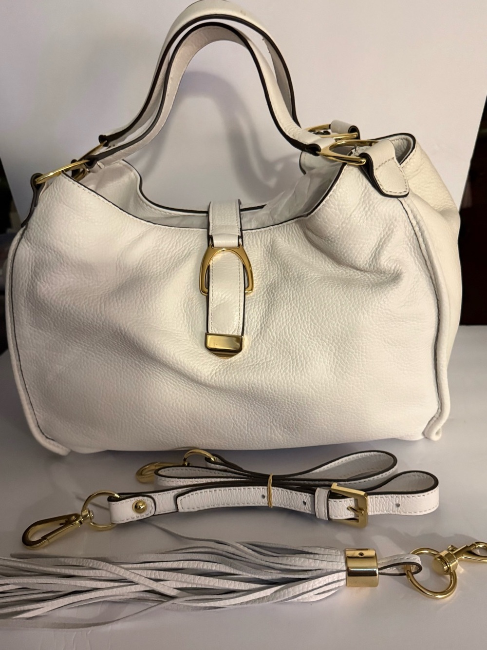 G.I.L.I. White Leather Top-Handle Hobo Bag with Gold Hardware